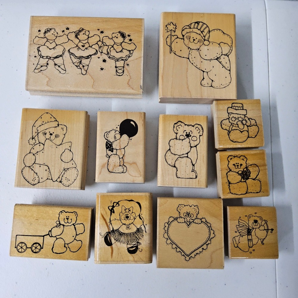 D.O.T.S. Teddy‎ Bear Rubber Stamp Lot Vintage 1989 Wood Mounted 11pc